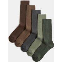 M&S 5 Pack Cotton Rich Ribbed Socks Dark Green Mix