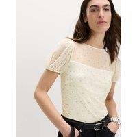 M&S Mesh Polka Dot Fitted Top Ivory Mix