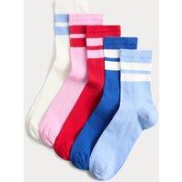 M&S 5 Pack Cotton Rich Striped Crew Socks Blue Mix