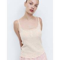 M&S Cotton Blend Pointelle Lace Trim Cami Top Oatmeal