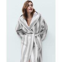 M&S Wide Stripe Hooded Dressing Gown Grey Mix