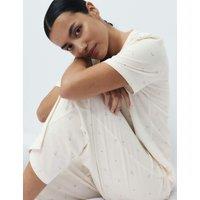M&S Cotton Rich Printed Cropped Pyjama Set Ivory Mix