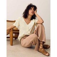 Per Una Striped Ruffle Front V-Neck Blouse Ecru