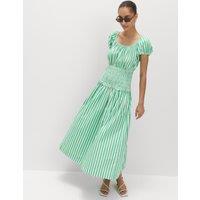 M&S Pure Cotton Striped Scoop Neck Midi Waisted Dress Green Mix