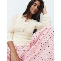 M&S Cotton Rich Polka Dot Henley Pyjama Set Ivory Mix