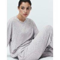 M&S Cosy Knit Printed Cuffed Pyjama Set Grey Mix