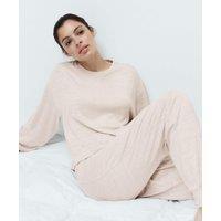 M&S Cosy Knit Printed Cuffed Pyjama Set Cream