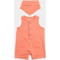 M&S Pure Cotton Romper with Bib (0-3 Yrs) Coral