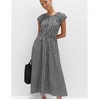 M&S Gingham Puff Sleeve Midi Waisted Dress Black Mix
