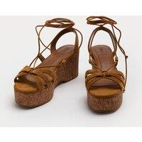 M&S Suede Ankle Tie Wedge Flatform Sandals Tan