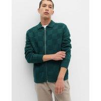 M&S Cotton Rich Checked Zip Up Knitted Jacket Cedar