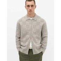 M&S Cotton Rich Checked Zip Up Knitted Jacket Pebble