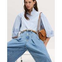 M&S Pure Cotton Blouson Sleeve Shirt Faded Blue