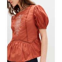 M&S Pure Cotton Embroidered Puff Sleeve Blouse Rust