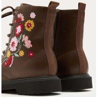 M&S Kids' Floral Embroidered Lace Up Boots (4 Small - 2 Large) Brown