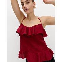 M&S Linen Cotton Blend Ruffle Cami Top Dark Red