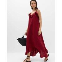 M&S Linen Cotton Blend Ruffle Maxi Dress Dark Red