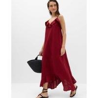 M&S Linen Cotton Blend Ruffle Maxi Dress Dark Red