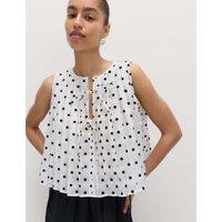 M&S Lyocell Blend Polka Dot Tie Front Top White