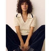 Per Una Textured Collared Short Sleeve Knitted Polo With Wool Cream Mix