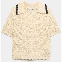Per Una Textured Collared Short Sleeve Knitted Polo With Wool Cream Mix