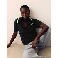 Per Una Textured Collared Short Sleeve Knitted Polo With Wool Navy Mix