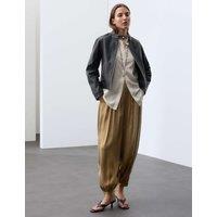 Autograph Cupro Rich Pleated Cuffed Balloon Ankle Grazer Trousers Moss