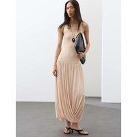 Autograph Knitted Scoop Neck Draped Maxi Drop Waist Dress Dark Cream