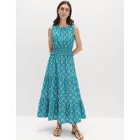 M&S Pure Cotton Floral Midi Waisted Dress Blue Mix