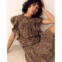 Per Una Pure Cotton Floral High Neck Ruffle Top Brown Mix