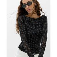 M&S Mesh Jersey Polka Dot Slash Neck Top Black Mix