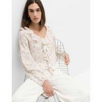 M&S Lyocell Rich Floral Ruffle Detail Blouse Ivory Mix