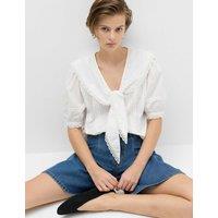 M&S Pure Cotton Broderie Sailor Collar Tie Detail Blouse White