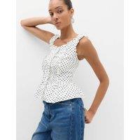 M&S Pure Cotton Polka Dot Ruffle Detail Peplum Top White Mix