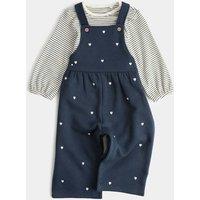 M&S 2 Piece Pure Cotton Heart Dungaree Outfit (0-3 Years) Navy