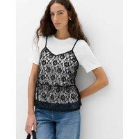 M&S Pure Cotton Lace Double Layer T-Shirt White Mix