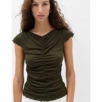 M&S Lyocell Blend Ruched Front Top wth Wool Khaki