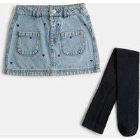 M&S Heart Embroidered Denim Skirt with Tights (2-8 Yrs) Denim