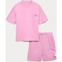 M&S Cotton Rich Surf Club T-Shirt & Shorts Set (6-16 Yrs) Pink