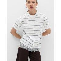 M&S Pure Cotton Lace Hem T-Shirt White Mix