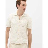 M&S Cotton Rich Button Through Knitted Polo Shirt Natural Mix