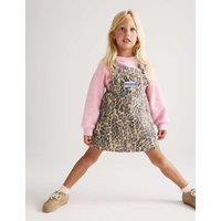 M&S 2 Piece Denim Leopard Pinny Outfit (2-8 Yrs) Brown Mix