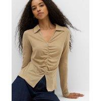 M&S Ruched Front Buttoned Top Beige