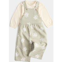 M&S 2 Piece Jersey Flower Dungarees with Top (0-3 Yrs) Green Mix