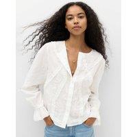 M&S Cotton Rich Embroidered Ruffle Detail Top Soft White