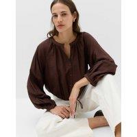 M&S Drawstring Button Through Blouse Dark Chocolate
