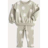 M&S 2 Piece Cotton Rich Floral Sweat Outfit (0-5 Yrs) Green
