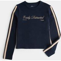 M&S Cotton Rich Easily Distracted Slogan Top (6-16 Yrs) Navy