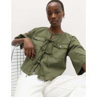M&S Pure Cotton Utility Tie Front Cropped Blouse Dark Khaki