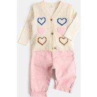 M&S 3 Piece Cotton Rich Heart Knitted Vest and Jeans Outfit (0 Mths-5 Yrs) Multi